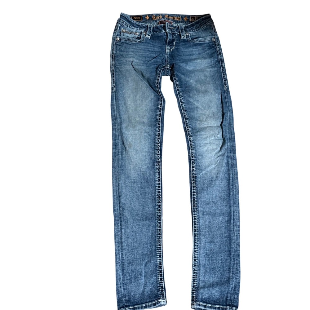 Rock Revival Posey Skinny Jeans Medium Wash Fleur De Lis Flap Pocket Womens 27